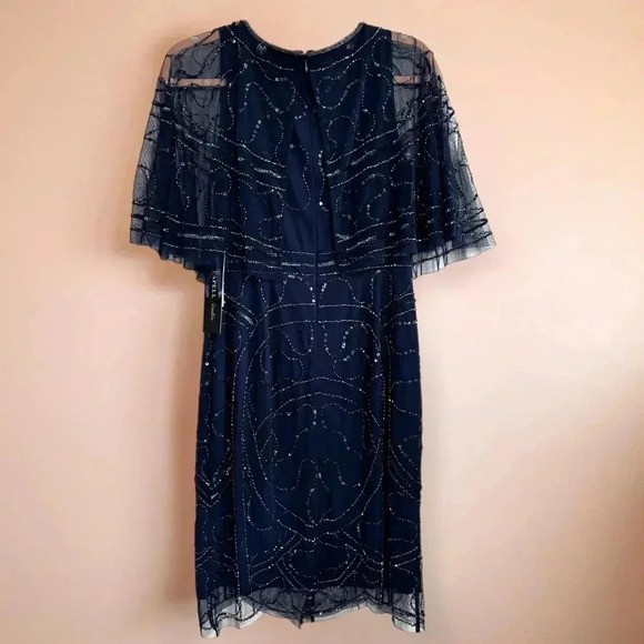 NWT Adrianna Papell Sparkle Beaded Mesh Popover Dress Cocktail Evening Navy Sz 4 - Picture 7 of 11